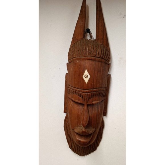 Fantastic Carved Wooden Tribal Mask. Ivory (?) Accent Home Decor - Picture 2 of 9